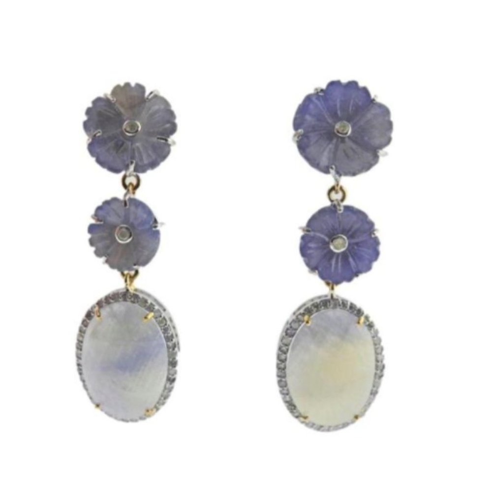 14k Gold Silver Carved Sapphire Diamond Flower Drop Earrings